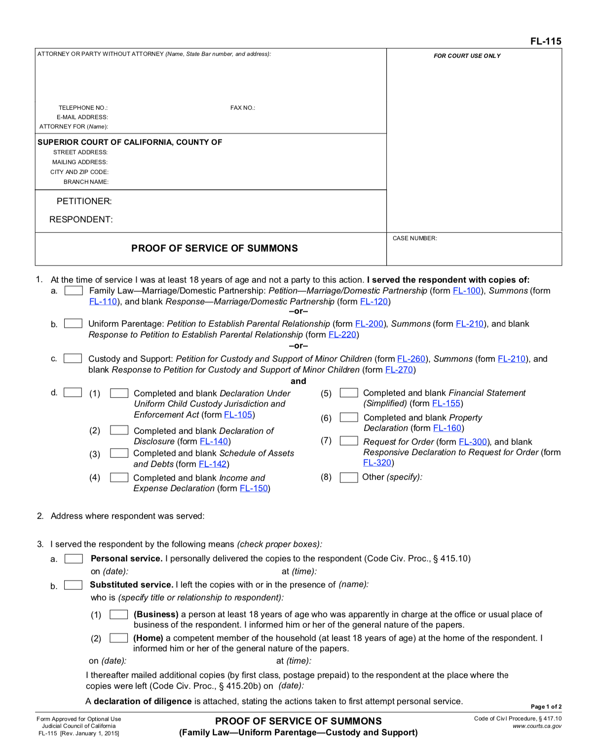 FL115 Proof of Service of Summons. Fillable Judicial Council Form.