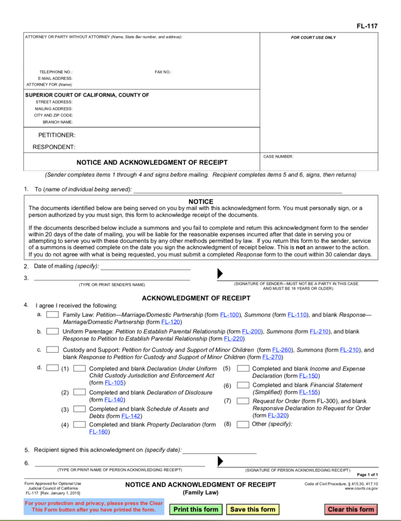 FL 117 Notice And Acknowledgment Of Receipt Fillable Judicial Council fl-117-notice-and-acknowledgment-of-receipt-fillable-judicial-council