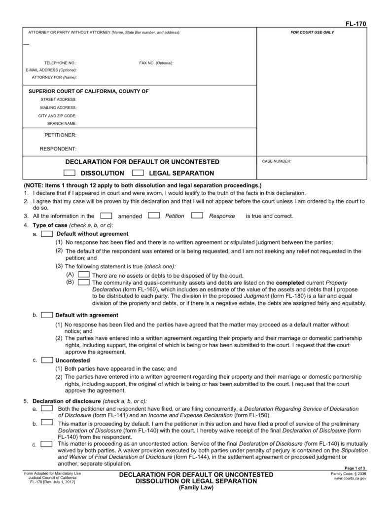 FL 170 Declaration For Default Or Uncontested Dissolution Fillable 