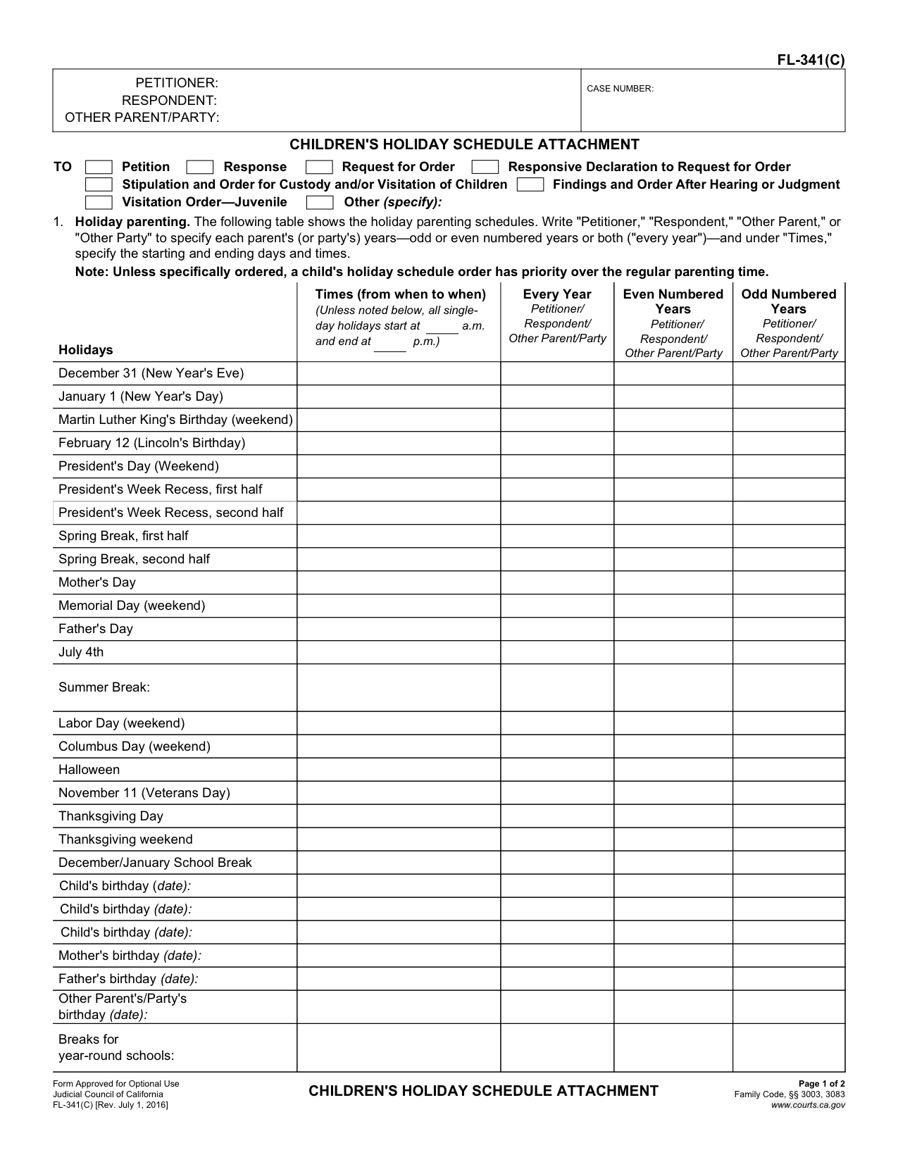 FL 341 C Children s Holiday Schedule Attachment Fillable Form Calif 
